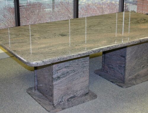 Paradiso Granite Table – Waterfall Edge Profile and Matching Pedestal Base