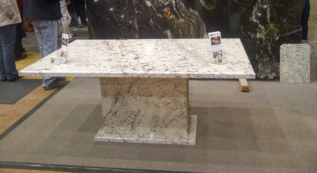 White Galaxy Table with Matching Pedestal Base and Bevel Edge Profile