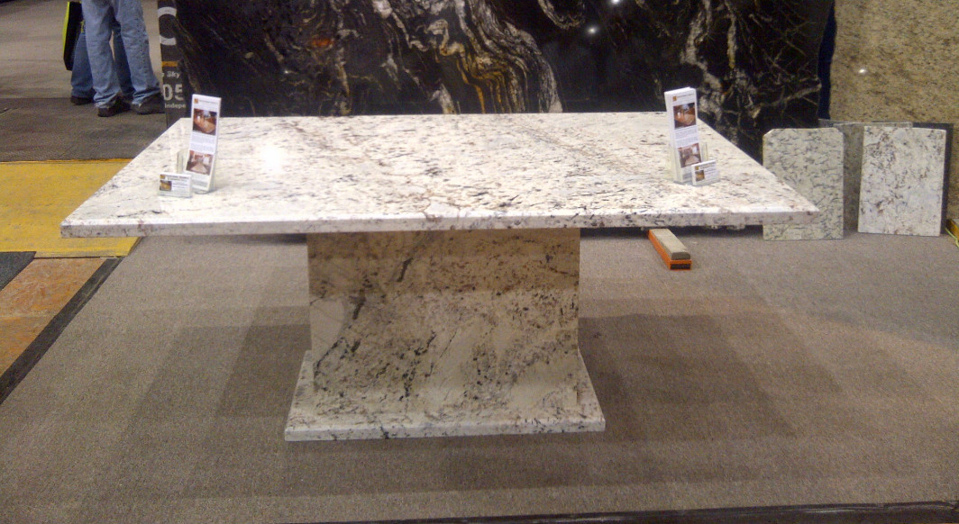 White Galaxy Table with Matching Pedestal Base and Bevel Edge Profile