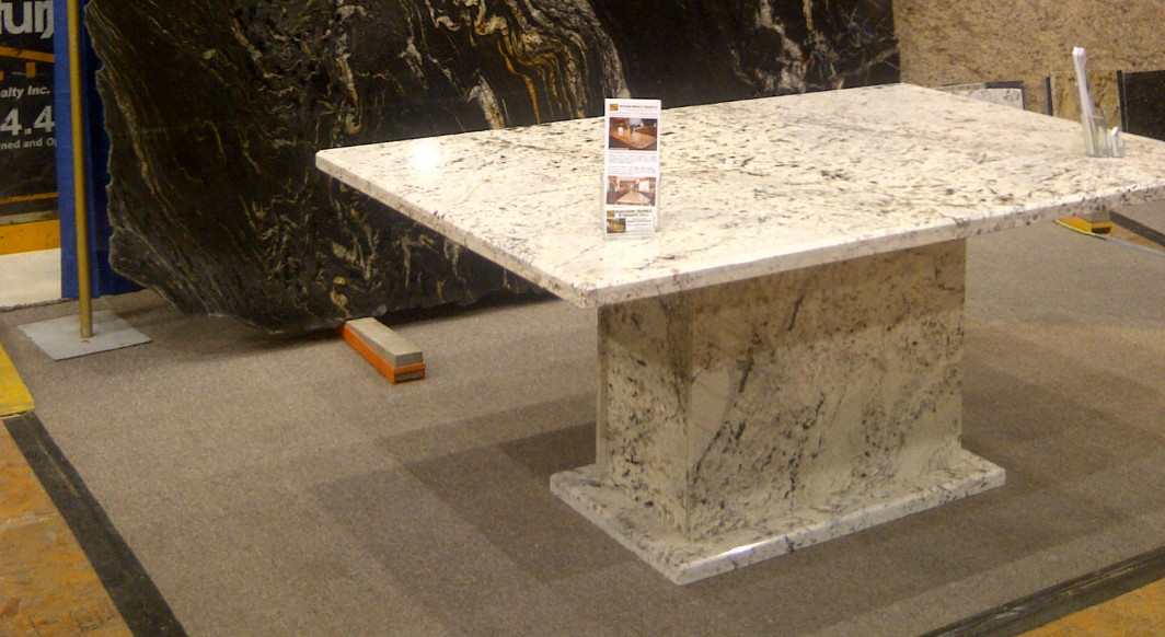 White Galaxy Table with Matching Pedestal Base and Bevel Edge Profile