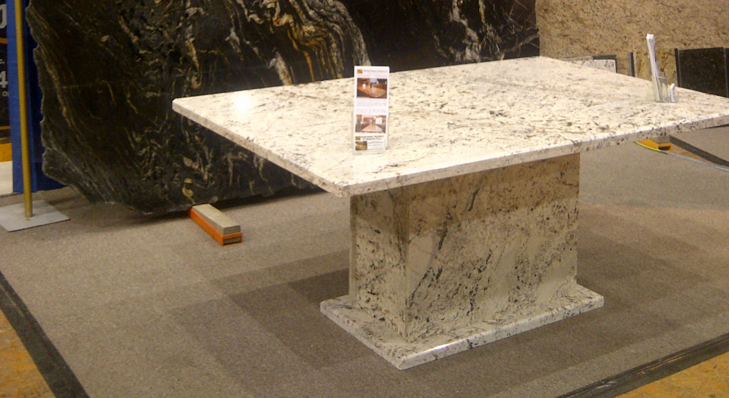 White Galaxy Table with Matching Pedestal Base and Bevel Edge Profile