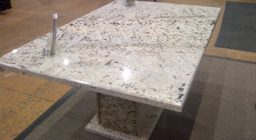 White Galaxy Table with Matching Pedestal Base and Bevel Edge Profile