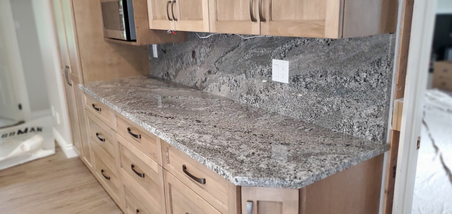 STUNNING! Silver Antique Polish Finish Granite with Matching Full Height Backsplash Northern