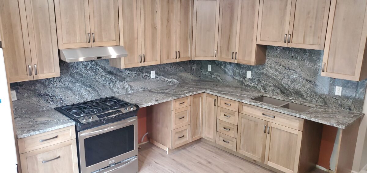 STUNNING! Silver Antique Polish Finish Granite with Matching Full Height Backsplash Northern
