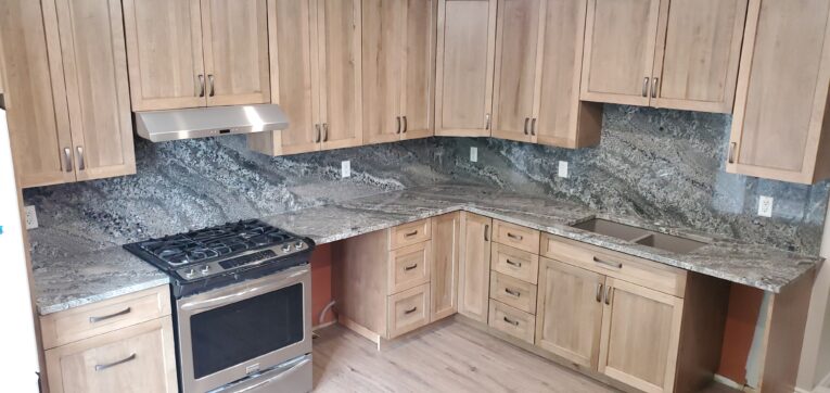 Silver Antique Granite Full Height Matching Backsplash