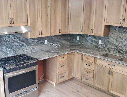 STUNNING! Silver Antique Polish Finish Granite with Matching Full Height Backsplash