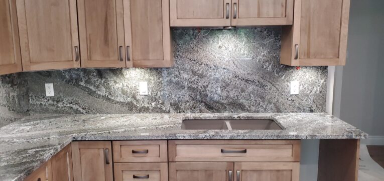 Silver Antique Granite Full Height Matching Backsplash